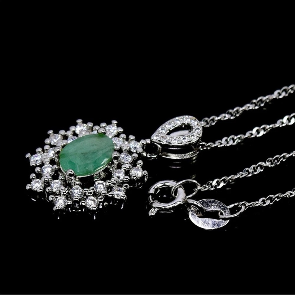 Natural Emerald w/ Zircon Halo Pendant Necklace and Stud Earrings Set - Picture 11 of 11